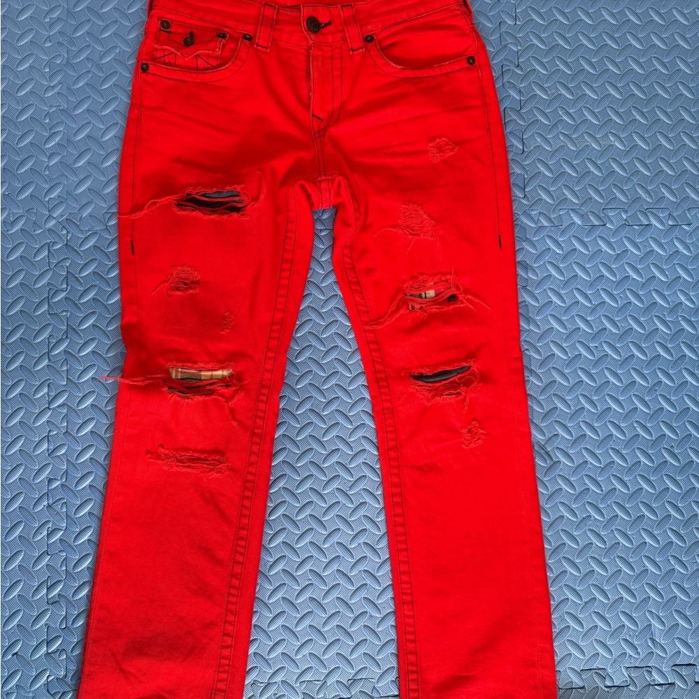 True Religion Men's Red Jeans - straight with flaps